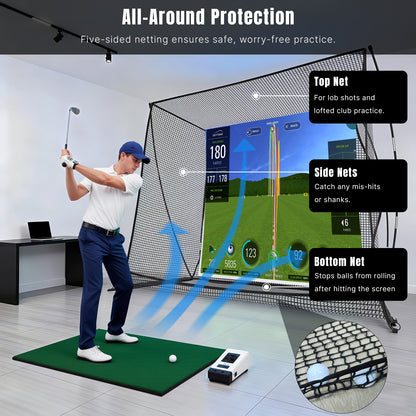 10 x 8 ft Golf Cage Practice Hitting Net with HD Simulator Screen